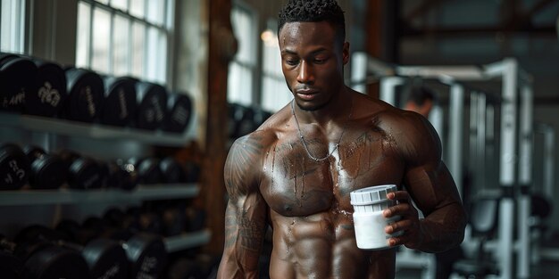 Foto un hombre con un pecho musculoso sosteniendo un recipiente blanco