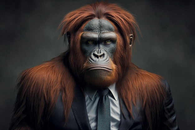 Un hombre pelirrojo con estilo encantador y fuerte un mono orangután en un traje de negocios en la imagen