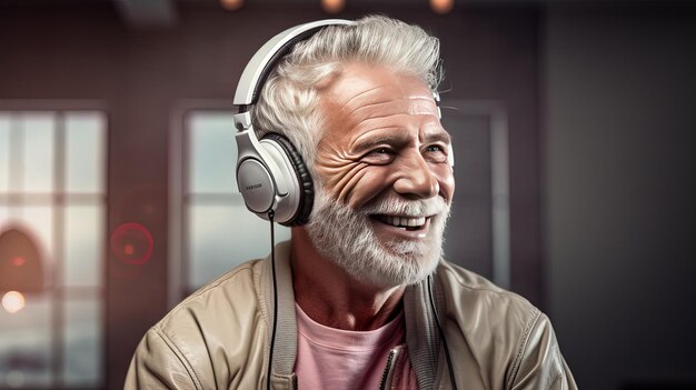 un hombre de pelo blanco con auriculares y sonriendo.