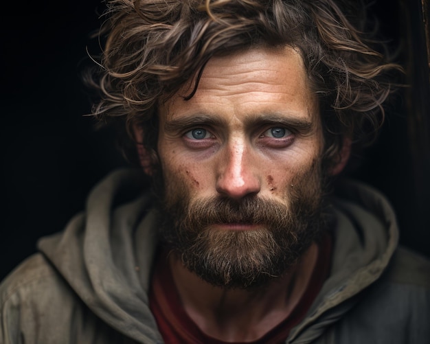 un hombre con pelo largo y barba está mirando a la cámara