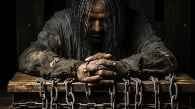 Un hombre con pelo largo y cadenas está sentado en una caja de madera ai