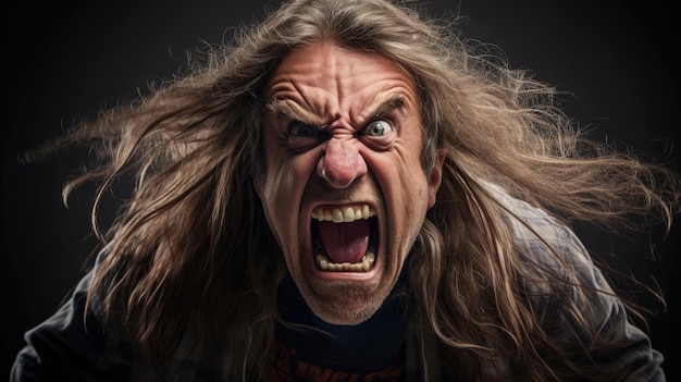 un hombre con el pelo largo gritando