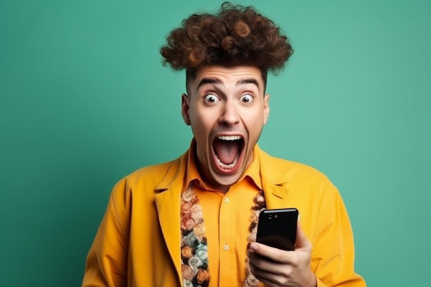 Un hombre con el pelo rizado y una chaqueta amarilla sostiene un teléfono con la boca abierta