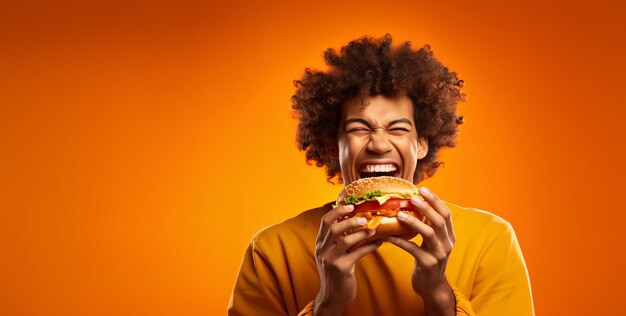 Foto hombre de pelo rizado comiendo sándwiches ia generativa