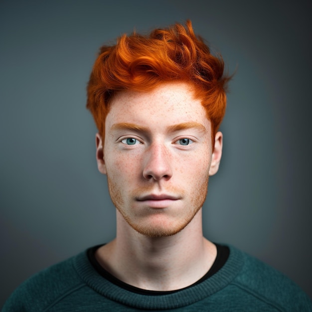 Foto un hombre de pelo rojo y un suéter verde con un fondo negro.