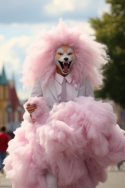 Foto un hombre con una peluca rosa y un disfraz de caniche rosa