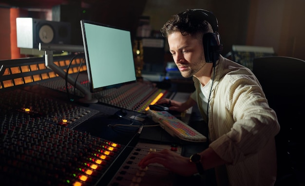 Hombre pensando o grabando auriculares para mezclar sonido musical o componer canciones por computadora en el estudio Músico DJ o productor en tecnología con ideas para transmisión en vivo de audio de radio o álbum de medios