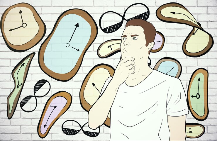 Foto hombre pensante con relojes dibujados