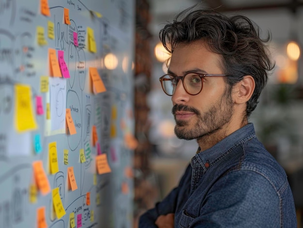Un hombre pensativo analiza ideas creativas en una pared cubierta de coloridas notas adhesivas en un espacio de trabajo moderno