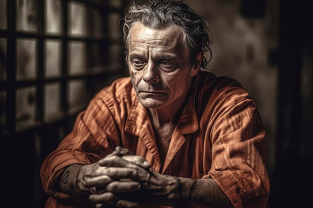 Hombre pensativo de edad en uniforme de prisión naranja retrato intenso con iluminación dramática