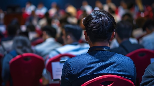 Un hombre pensativo escucha intensamente en una conferencia profesional