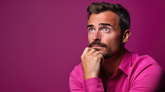 Foto hombre pensativo sobre fondo rosa mirando hacia otro lado