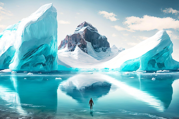 Hombre pequeño en el agua contra el telón de fondo de majestuosos icebergs flotantes y rocas cubiertas de nieve