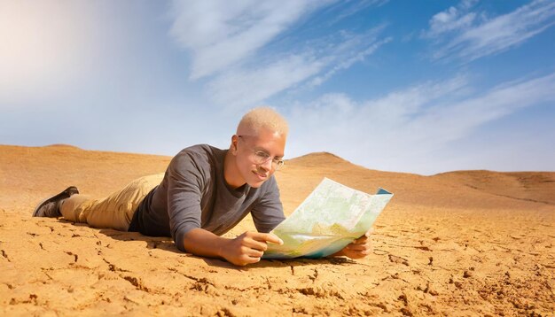 hombre perdido mira un mapa en el desierto de arena seca sin agua