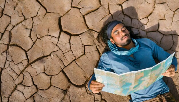 hombre perdido mira un mapa en el desierto de arena seca sin agua