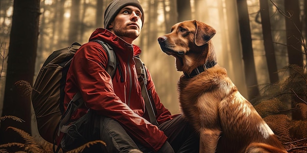 Hombre con perro en el bosque al estilo de la temática de aventuras.