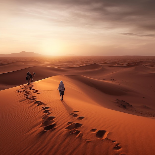 un hombre y un perro caminan por el desierto.