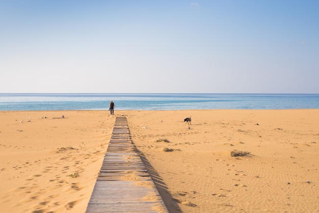 Hombre con perro caminando por el sendero de madera en la playa y mirando a lo lejos del océano.