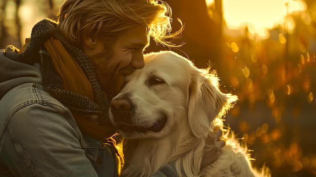 Hombre y perro compartiendo un momento tierno durante la hora dorada La cálida luz del sol es un vínculo de amistad Emoción Retrato de estilo de vida candido en un entorno al aire libre IA