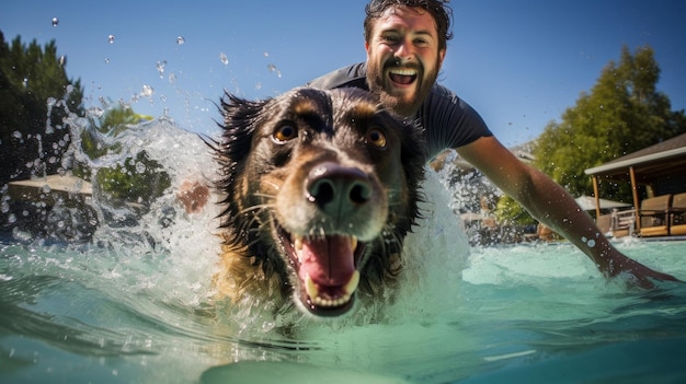 un hombre y un perro están nadando en el agua