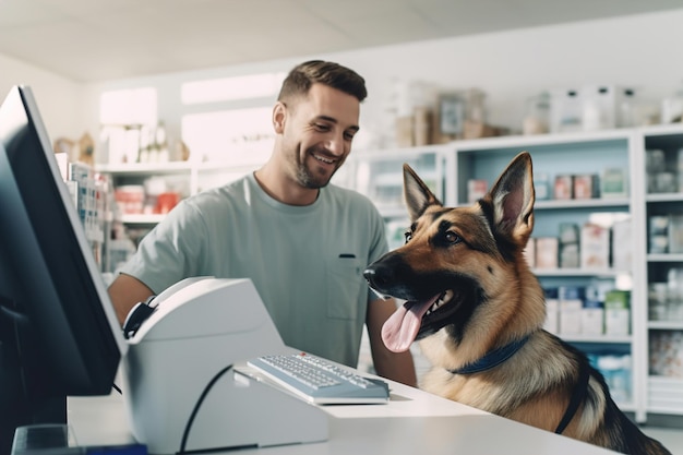 Un hombre y un perro en una farmacia veterinaria