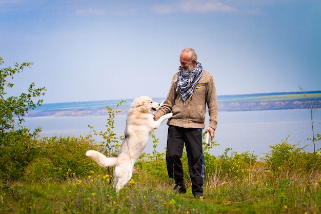 Hombre y perro husky siberiano en la naturaleza