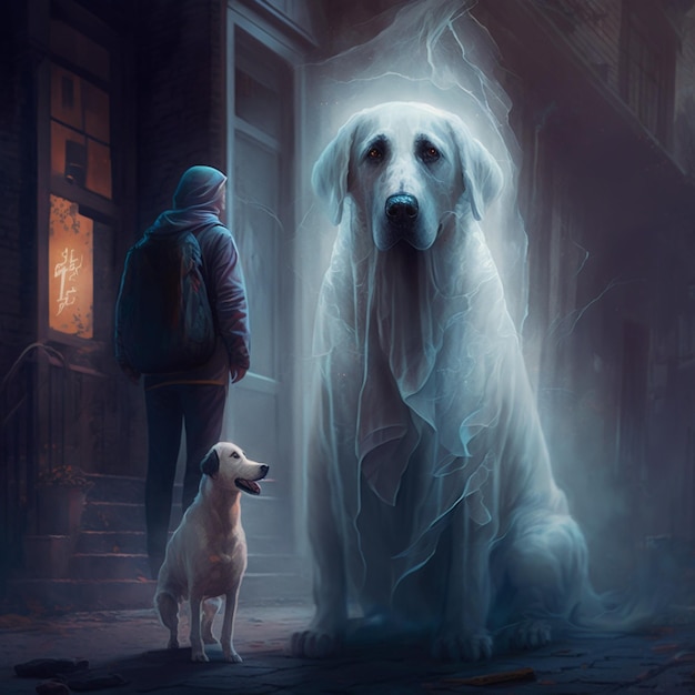 Un hombre y un perro miran a un perro fantasma.