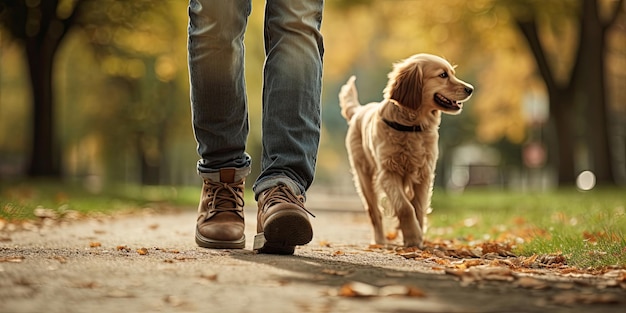 Hombre con un perro paseando en un parque de verano IA generativa