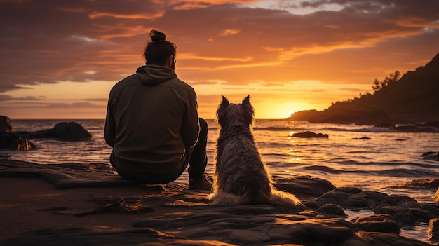 Hombre y perro en la playa al atardecer.