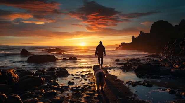 Hombre y perro en la playa al atardecer.