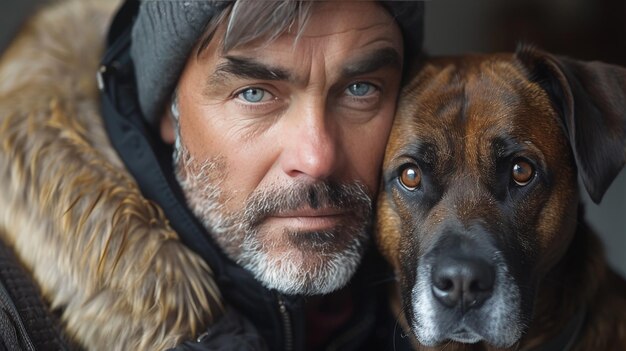 Hombre con un perro en un selfie un amigo y un compañero