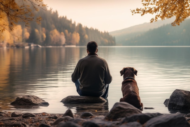 un hombre con un perro sentado en la orilla de un lago IA generativa