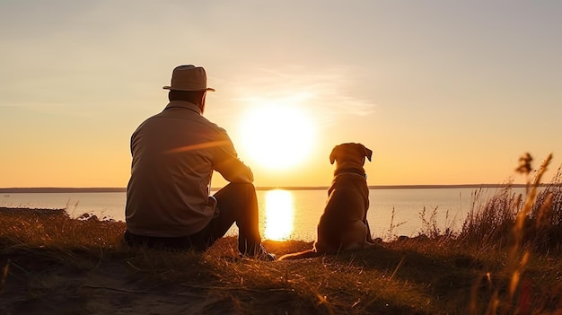 un hombre y un perro sentados en la hierba junto al agua