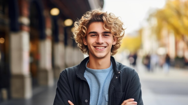 Hombre persa adolescente sonriente con foto de pelo rubio y rizado