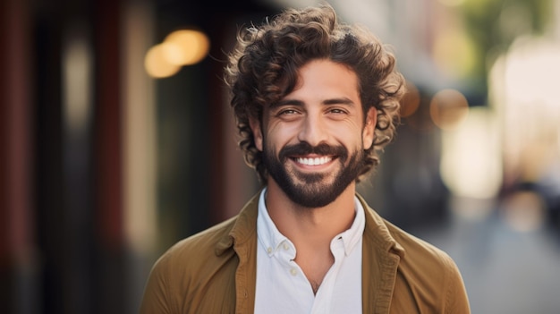 Hombre persa adulto sonriente con cabello rizado marrón Foto Retrato de una persona casual en la calle de la ciudad Ilustración horizontal fotorrealista generada por Ai