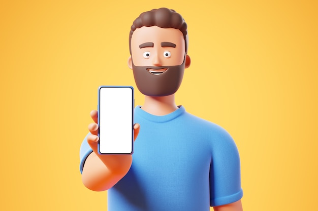 Hombre de personaje de barba de dibujos animados feliz muestra smartphone con pantalla de maqueta en blanco sobre fondo azul. Ilustración de render 3d.