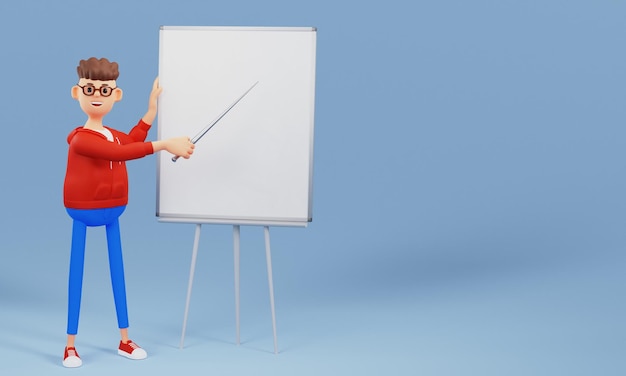 Foto hombre de personaje de dibujos animados 3d sosteniendo un palo y apuntando a un tablero vacío