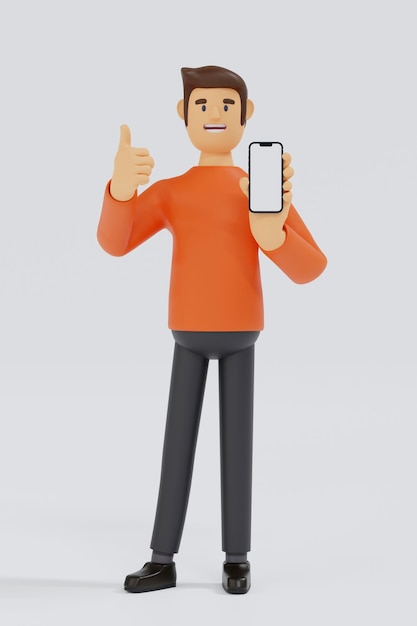 El hombre del personaje de dibujos animados en camiseta naranja muestra la representación 3D de la presentación de la aplicación del teléfono inteligente