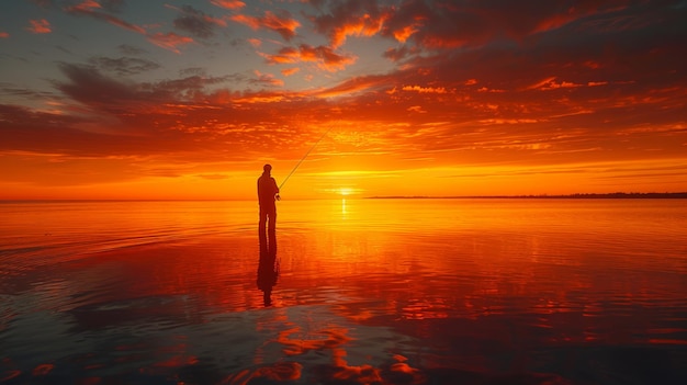 Foto hombre pescando en el lago al atardecer