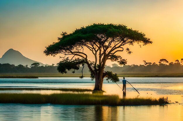 Foto un hombre pescando en un lago con un árbol en el fondo