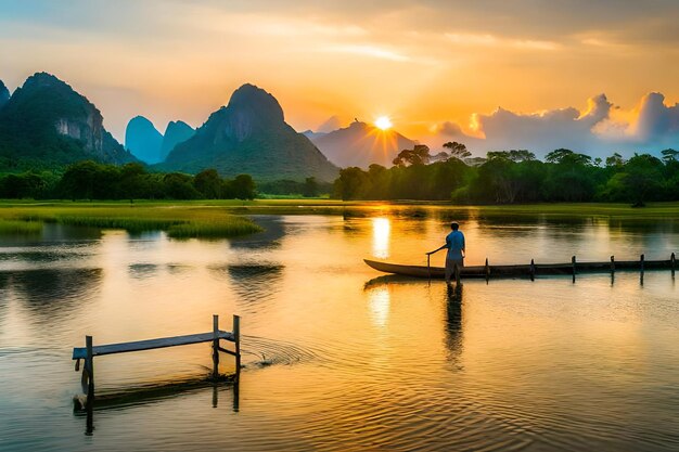 Foto un hombre está pescando en un lago con un bote en primer plano