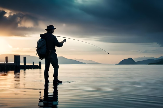 Un hombre pescando en un lago con un cielo nublado al fondo.