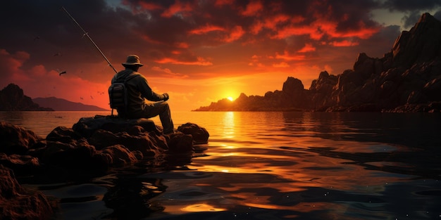 Foto un hombre está pescando en el lago con el telón de fondo de la puesta de sol el tema de la pesca ia generativa