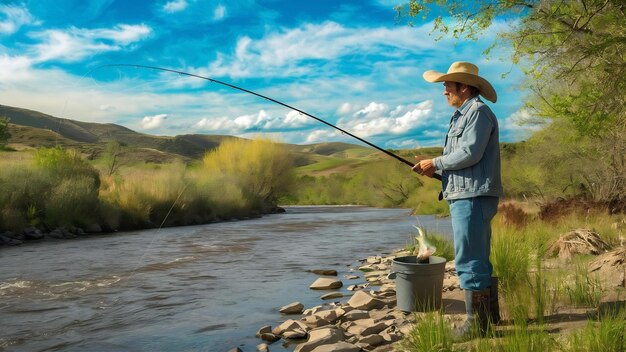 Hombre pescando en el río