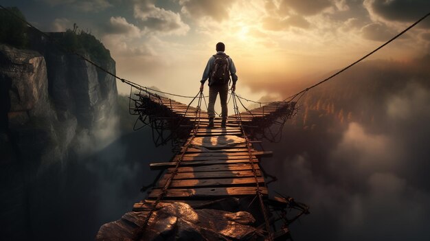 Un hombre de pie en un acantilado de piedra sobre las nubes concepto de éxito