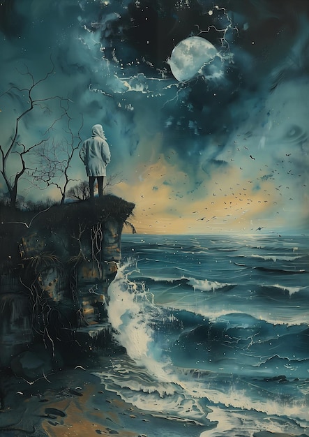 Foto hombre de pie acantilado con vistas al océano con una capa negra con capucha infinito jeroglífico olas girando