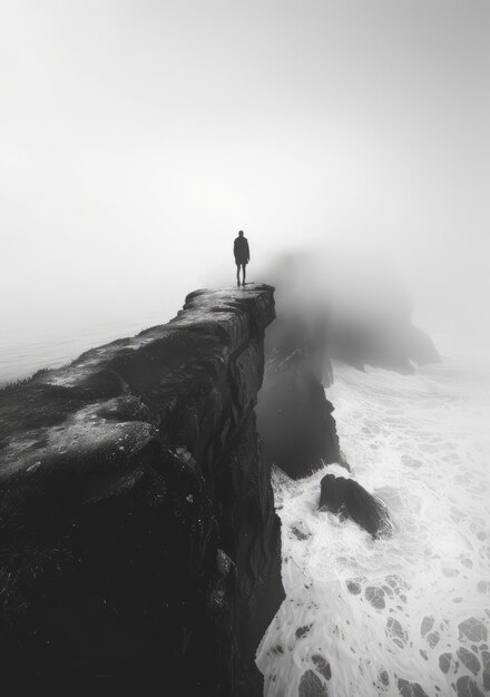 Foto hombre de pie en un acantilado con vistas a un mar de niebla