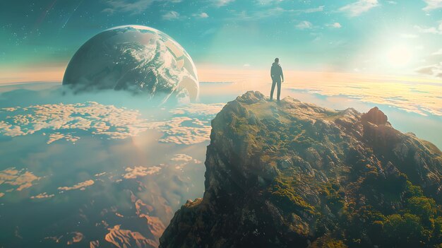 Foto un hombre de pie en un acantilado con vistas a un planeta con el cielo en el fondo
