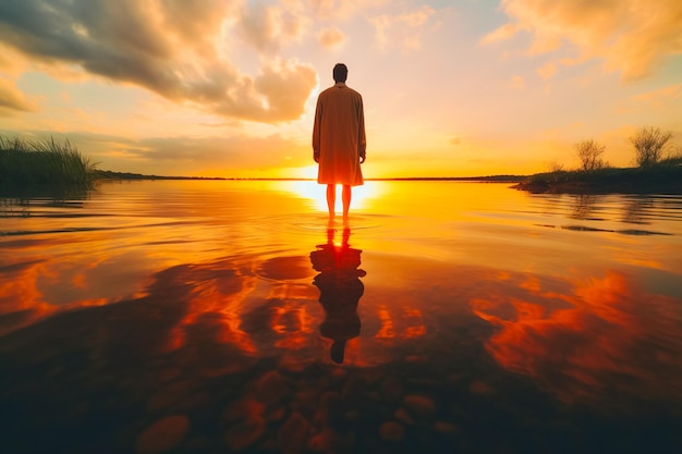 Un hombre de pie en el agua al atardecer