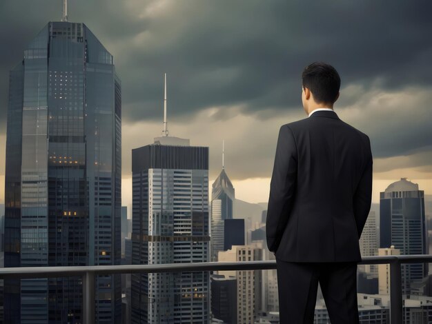 Foto hombre de pie en un balcón con vistas a una ciudad